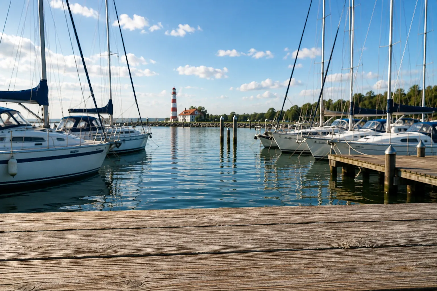 Yachthafen mit Segelbooten und Leuchtturm